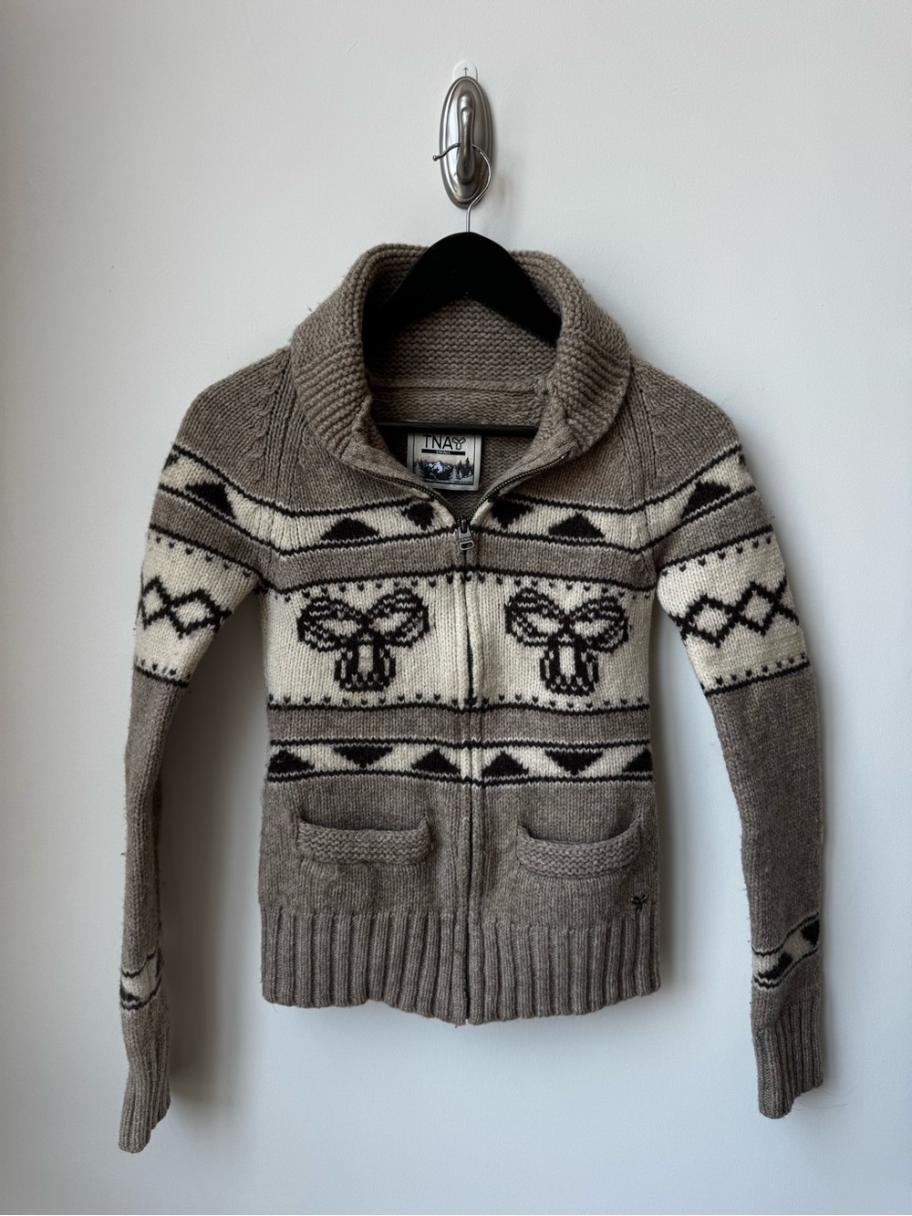 TNA Taupe & Cream Knit Zip Cardigan with Geometric Motif